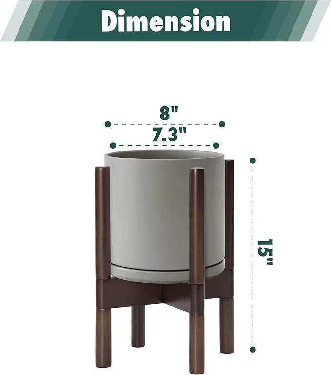 D'vine Dev Ceramic Planter with Walnut Color Stand - 8 Inch Modern Round Flower Pot with Wood Planter Holder, Grey, 55-B-Y-3 by GreenHaven Gardens
