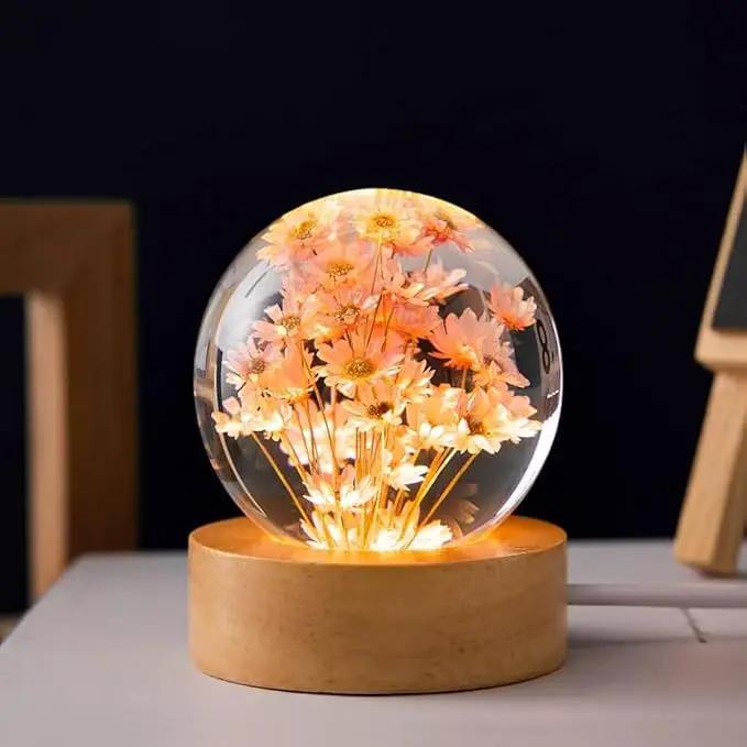 Flower Crystal Ball Night Light,2.4 inch Glass Ball Night Lamp with Woodern Base (Red Daisy) by GreenHaven Gardens