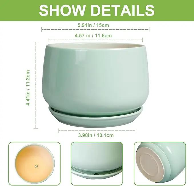 G EPGardening Ceramic Plant Pots - 6 Inch Pot for Plants, Ceramic Planter with Drainage and Saucer, Flower Indoor Outdoor Planter, Modern Bathroom Decor, Birthday Gifts, Green by GreenHaven Gardens