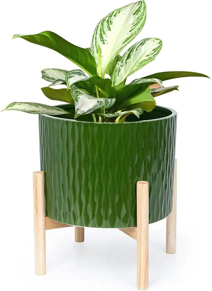 LaDoVita Ceramic Plant Pot with Stand, 10 Inch Planter with Wood Shelf, Modern Round Flower Pots Indoor with Wood Planter Holder, Dark Green Water Ripple Pattern by GreenHaven Gardens