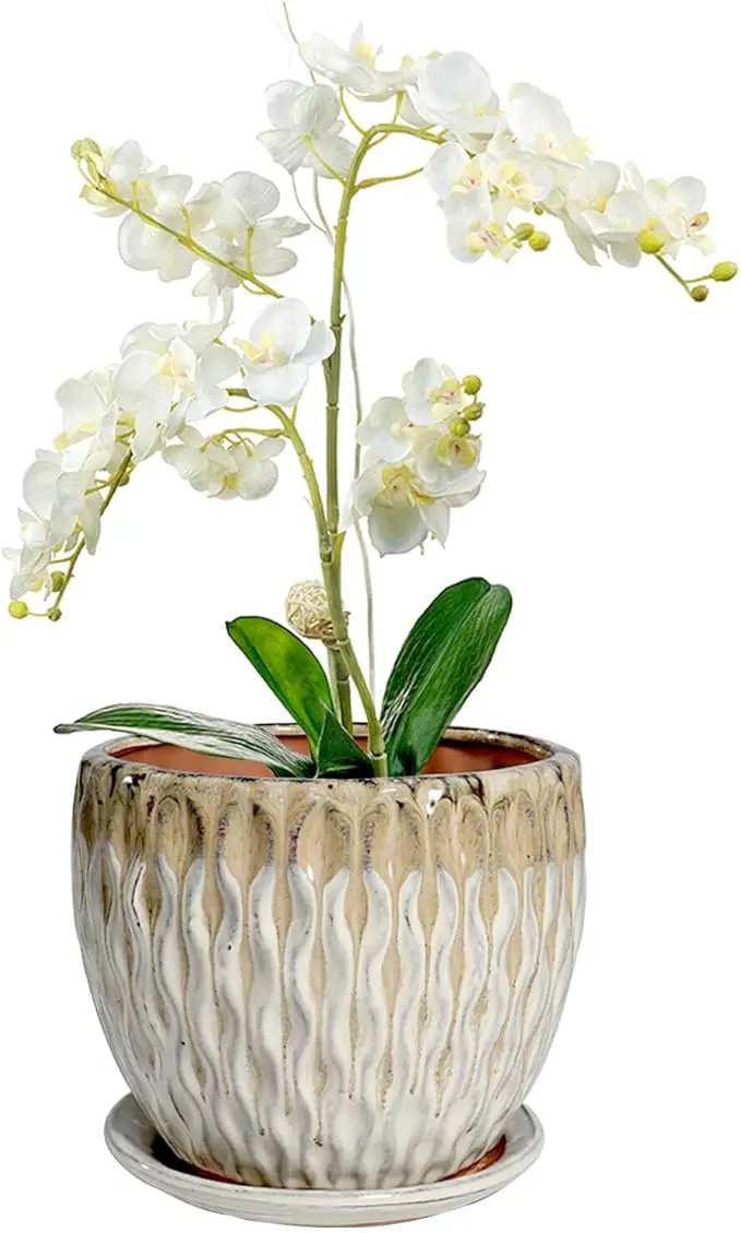 vensovo 7.5 Inch Ceramic Plant Pot with Drainage Holes and Saucer - Large Round Orchid Pot for Indoor Repotting, Ceramic Planter Maintain Air Circulation, Yellow by GreenHaven Gardens