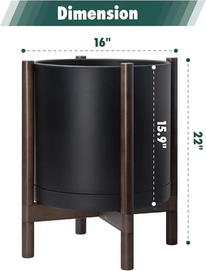 D'vine Dev Planter Pot with Stand - 16 Inch Plastic Cylinder Flower Pot with Wood Planter Holder for Indoor, Matte Black Pot + Walnut Color Stand, 55-C-X-2 by GreenHaven Gardens