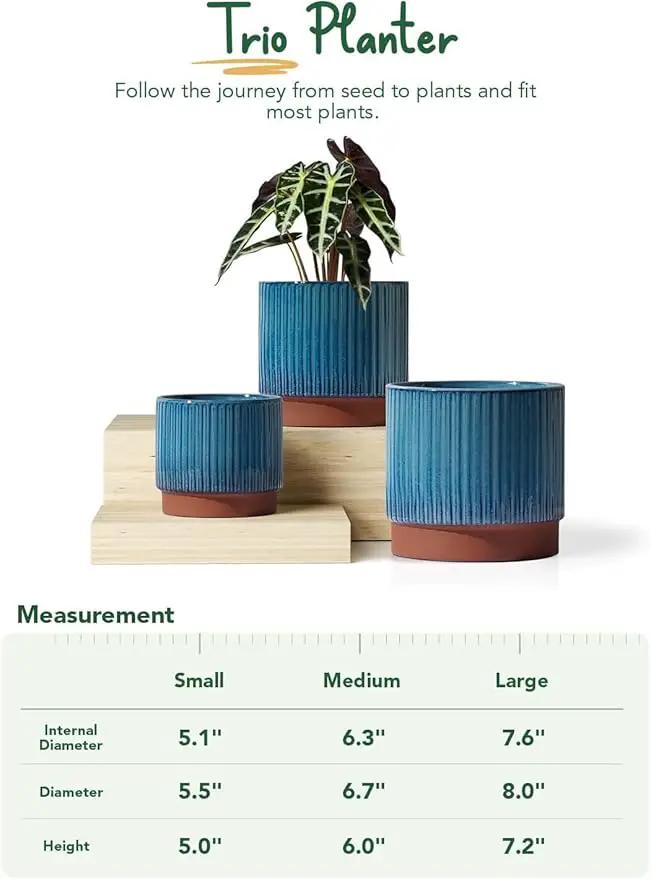 LE TAUCI Ceramic Plant Pots with Drainage Holes, Set of 3, 8+6.7+5.5 Inch Stripe Garden Planter Pots for Outdoor Indoor Plants Flower, Round Succulent Orchid Flower Pot Small to Large Size, Blue by GreenHaven Gardens
