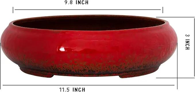 ARTKETTY Succulent Pots - 11.5 Inch Ceramic Bonsai Pots with Drainage, Large Shallow Succulent Planters for Indoor Outdoor Plants, Round Glazed Cactus Flower Plant Container Bowl Home Desk Decor(Red) by GreenHaven Gardens
