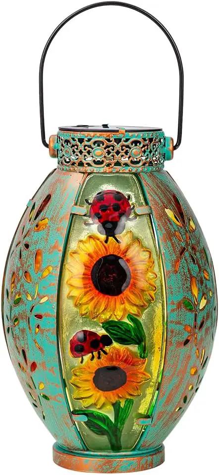 Sunflower Solar Lanterns Outdoor Waterproof,Hanging Solar Lantern,Sunflower Lanterns Decorative Outdoor,Glass & Metal Solar Lights for Tabletop Patio Porch Decor by GreenHaven Gardens