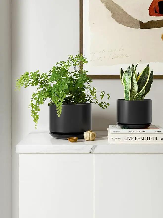 LE TAUCI Ceramic Plant Pots, 4.3+5.3+6.8 inch, Set of 3, Planters with Drainage Hole and Saucer, Indoor Flower Pot with Hole Mesh Pad, Gifts for Mom, Black by GreenHaven Gardens