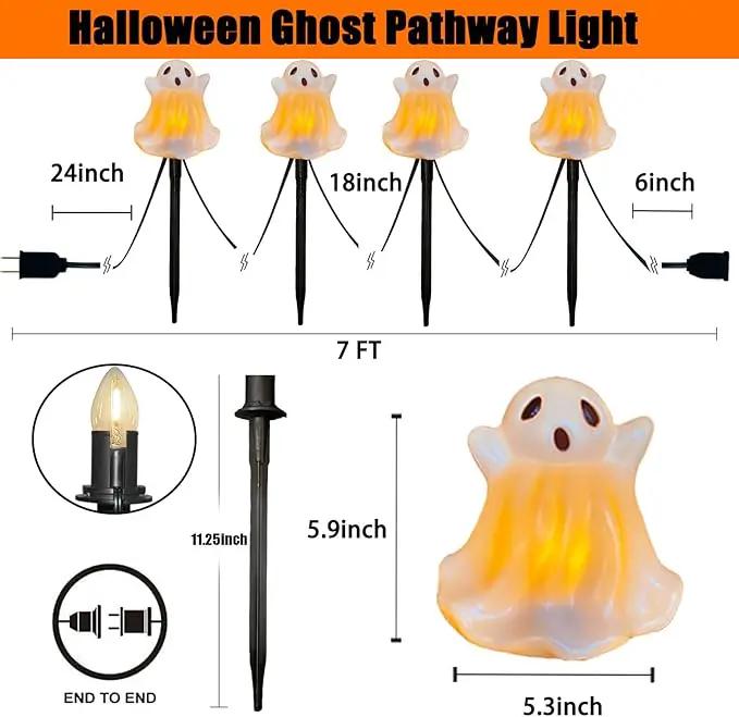 Halloween Ghosts Pathway Marker Lights, 7Ft C7 LED Outdoor Halloween Decorations String Lights Waterproof with 4 White Ghost Walkway Lights Plug in for Outdoor Halloween Party Garden Patio Garden Lawn by GreenHaven Gardens