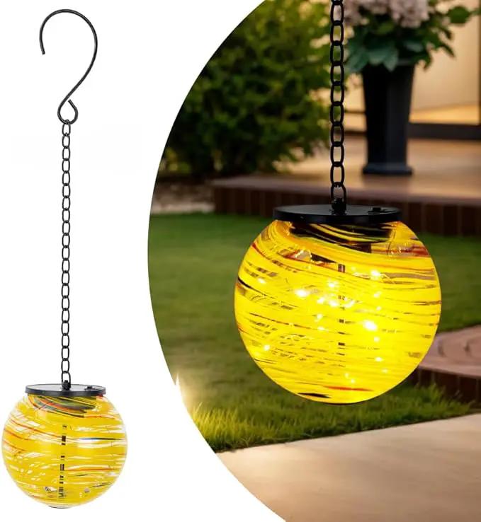 Solar Lanterns Outdoor Waterproof LED Lights 4.7" Glass Hanging Solar Lights with Metal Chain,Gazing Globe Ball Outdoor Decorative Lantern for Patio Pathway Yard Garden Decor(Yellow) by GreenHaven Gardens