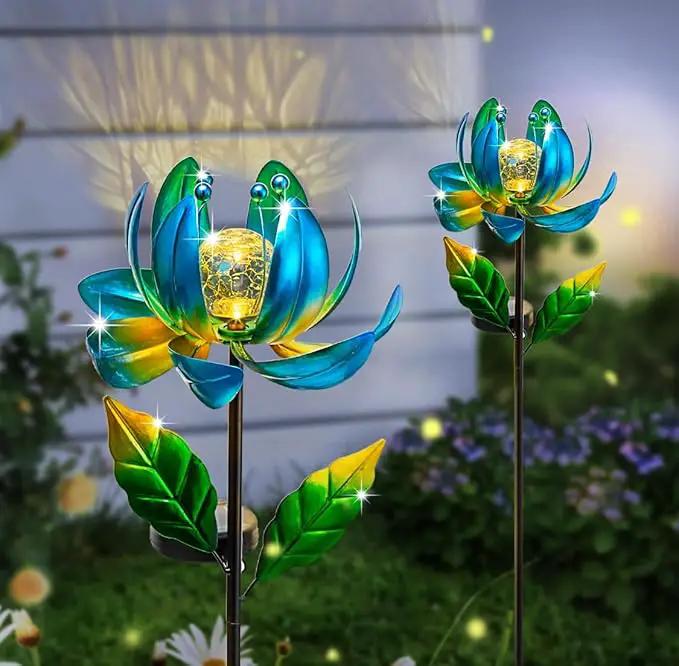 Solar Yard Lights Wind Spinners- Metal Lotus Flower Garden Decor LED Crackle Glass Globe Yard Art Sculpture Solar Stake Lights for Patio Pathway Lawn Walkway by GreenHaven Gardens