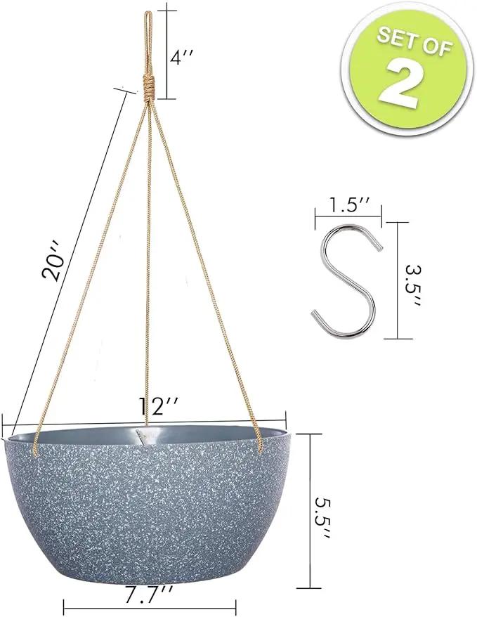 12 Inch 2 Pack Large Hanging Planters for Indoor Outdoor Plants, Plastic Hanging Basket Pots for House Plants Flowers, Grey by GreenHaven Gardens