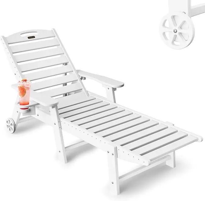 Lounge Chair Outdoor, Chaise Lounge Outdoor, HDPE 6-Position Lounge Chair for Outside, Patio Lounge Chair with Wheels & Cup Holder for Pool Poolside Deck Backyard, White by GreenHaven Gardens