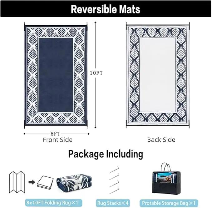 Outdoor Plastic Straw Rug, Waterproof Mat, Washable Large Floor Mat and Rug for Outdoors, RV, Beach, Patio, Camping, Backyard, Deck, Picnic, Outside (Olive-Leaf/Dark Blue&White,9x12ft) by GreenHaven Gardens