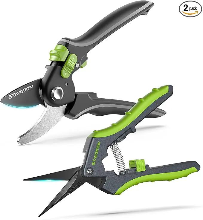Garden Shears Set: 8.5" Bypass Pruning Shears & 6.5" Straight Trimming Scissors, Ultra-Sharp Garden Scissors with Stainless Steel Blades, Safety Lock, Gardening Gifts for Women Men, 2 Pack by GreenHaven Gardens