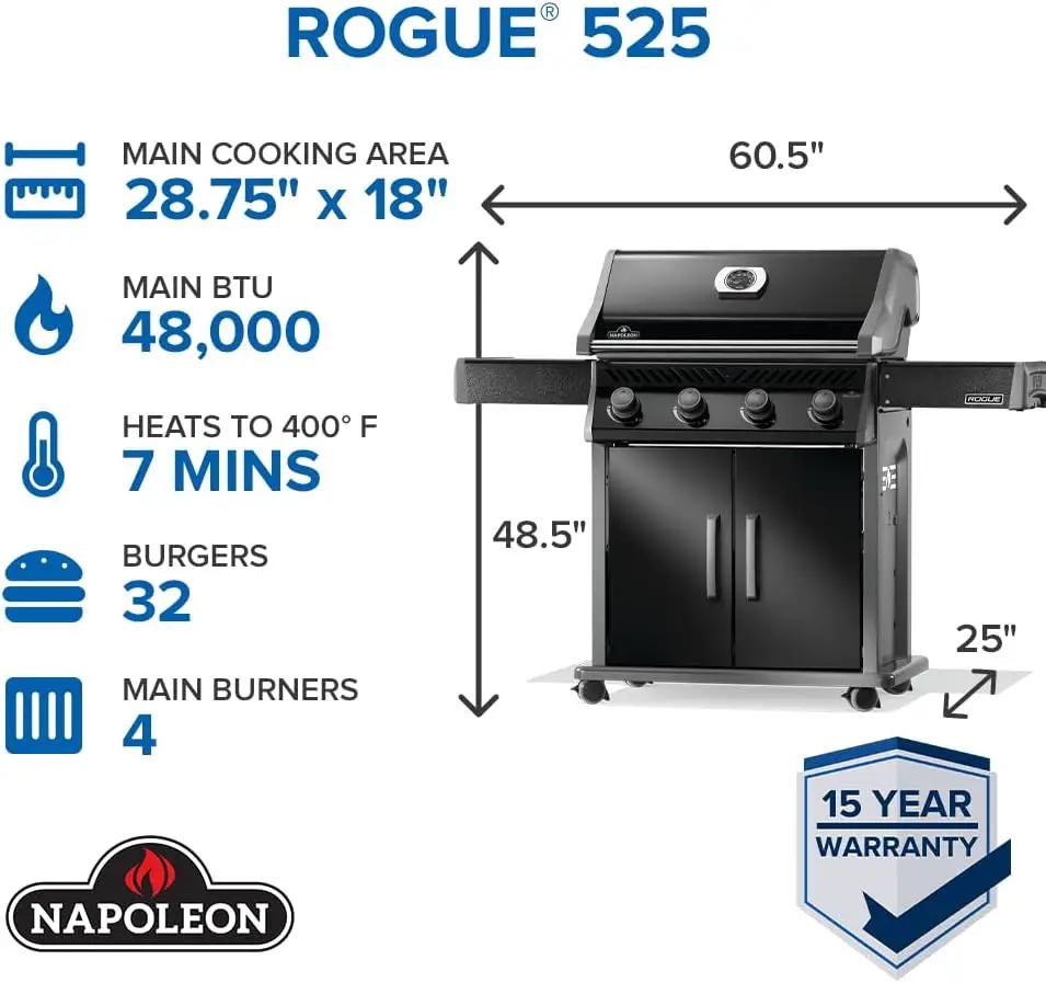 Napoleon Rogue 525 Propane Gas Grill, Black, Durable 4-Burner BBQ by GreenHaven Gardens