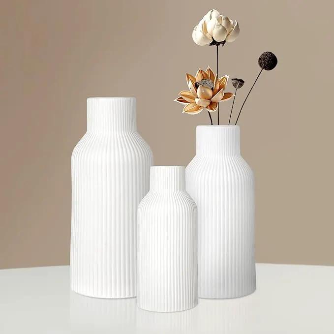 Ceramic Vase Set of 3, White Vase for Modern Home Decor, Decorative Vases for Bouquet Pampas Grass Dried Flowers, Living Room, Bedroom, Bathroom, Shelf Centerpiece Table Decorations by GreenHaven Gardens