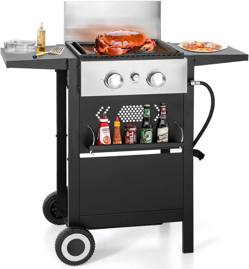GREEN PARTY 2 Burner Griddle Grill Combo, 2 in 1 Propane Gas BBQ Grill w/Cast Iron Plate, 20,000 BTU Output Small Flat Top Propane Barbecue Grill for Camping, Patio, Backyard, Balcony by GreenHaven Gardens