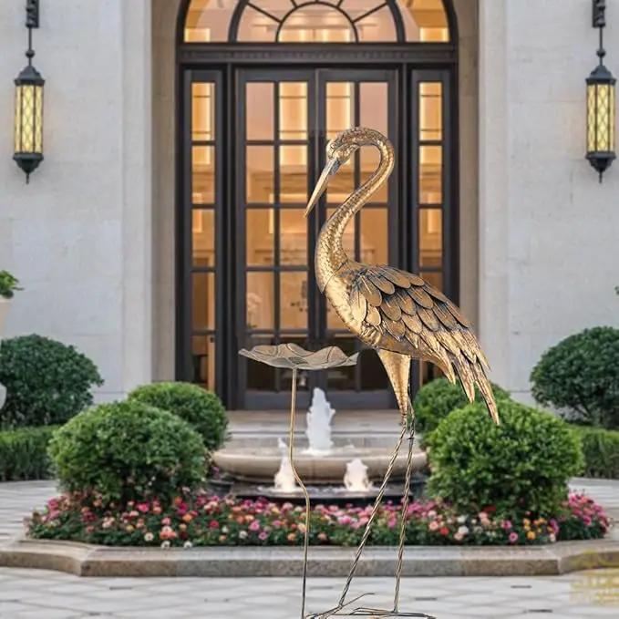 Large Heron Garden Statue, 42'' Crane Outdoor Statue with Birdbath, Crane Metal Yard Art for Porch Backyard Patio Lawn Decor (Golden) by GreenHaven Gardens