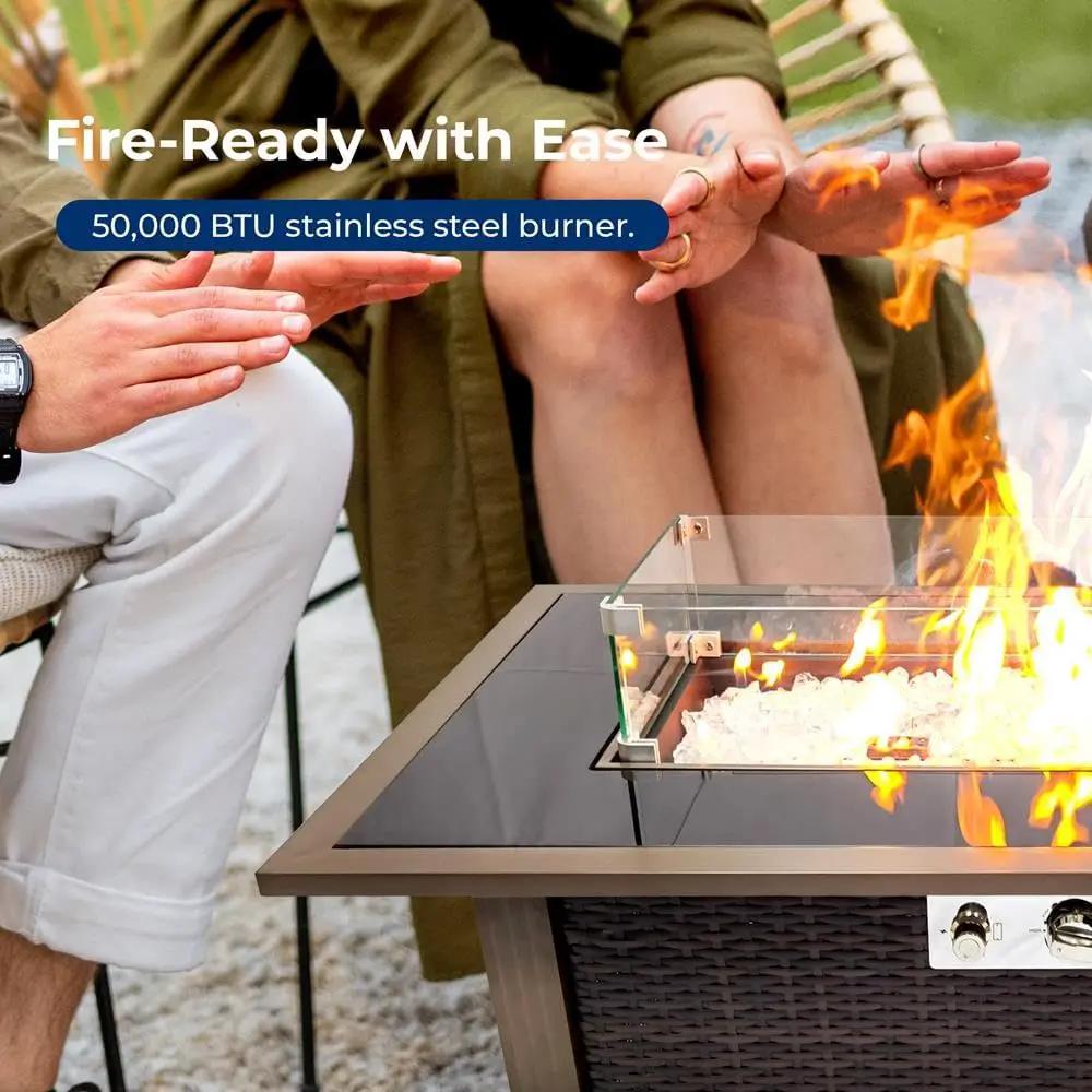 SereneLife 43.5-Inch Outdoor Propane Fire Pit Table – 50,000 BTU, Tempered Glass Wind Guard, Sliding Door, Auto-Ignition, Stainless Steel Burner, Waterproof Cover – Ideal for Patio, Garden & Backyard by GreenHaven Gardens