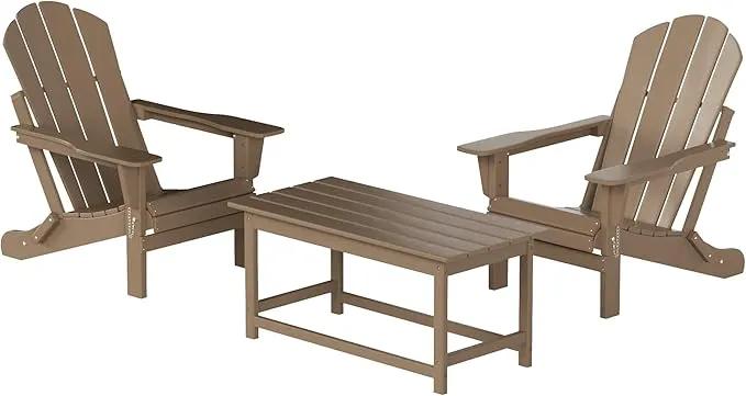 WO Home Furniture Adirondack Chairs Table Set of 3 PCS Outdoor Folding Chairs Coffee Table Weather/UV Resistant for Lawn, Garden, Bon Fire, Balcony (Weathered Wood) by GreenHaven Gardens