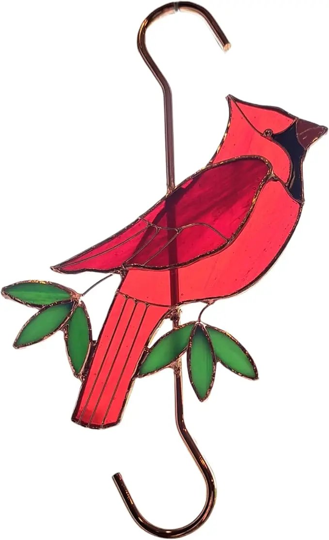 Stained Glass Hanging Plant Hook - Red Cardinal Sun Catcher with Copper S Hooks Top and Bottom for Indoor and Outdoor Use by GreenHaven Gardens