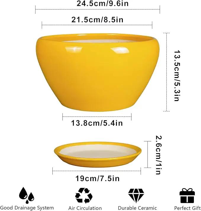 Ceramic Planter 9 Inch - Mid-Century Round Modern Plant Pot Indoor with Drainage Hole and Saucer for Outdoor Plants, Balcony House Garden Patio Home Decor, Yellow by GreenHaven Gardens