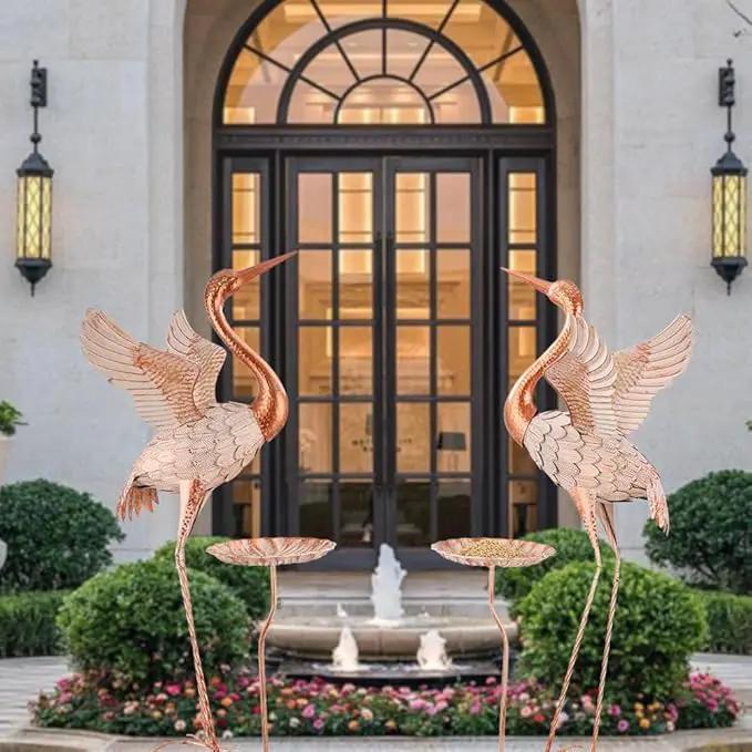 Crane Garden Statue with Birdbath, 40'' Heron Garden Statue, Crane Metal Yard Art for Outside, Backyard, Lawn, Porch Decor by GreenHaven Gardens