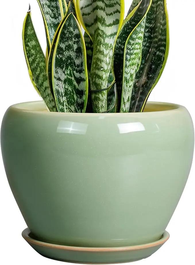 8 Inch Plant Pot - Ceramic Planter for Outdoor Plants Indoor Plant Pot with Drainage Hole and Saucer Mid-Century Round Planter Flower Pot for House Garden Green by GreenHaven Gardens
