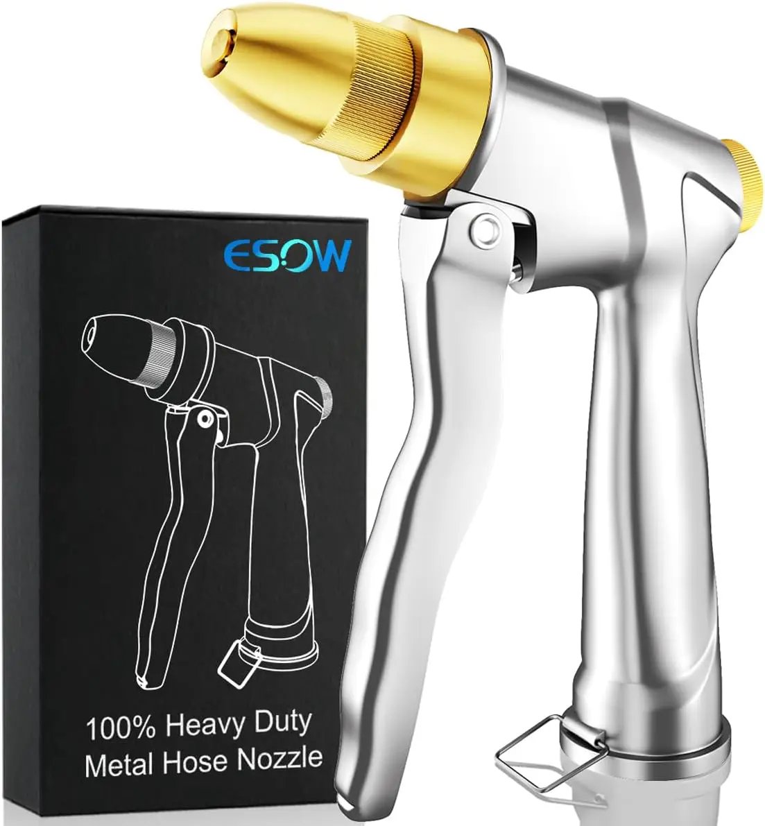 ESOW Heavy Duty Metal Garden Hose Nozzle, High Pressure Water Hose Nozzle with 4 Spray Patterns Rotating, Ideal for Outdoor Lawn & Garden Watering, Car & Pet Washing, Silver by GreenHaven Gardens