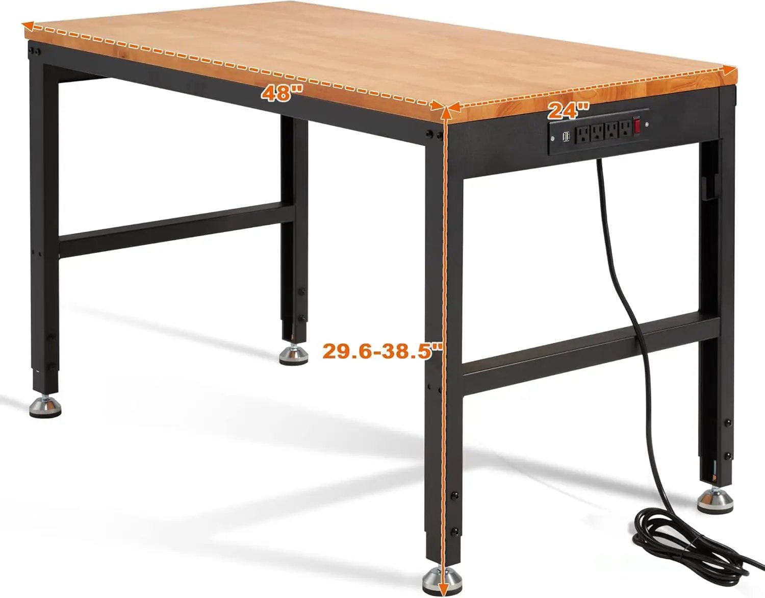 Haddockway Adjustable Workbench for Garage,48"x 24" Rubber Wood Top Worktable with Power Outlets, Max 2000 Lbs Load Capacity Heavy Duty Workstation for Workshop Office Home (Black Frame, 48in) by GreenHaven Gardens