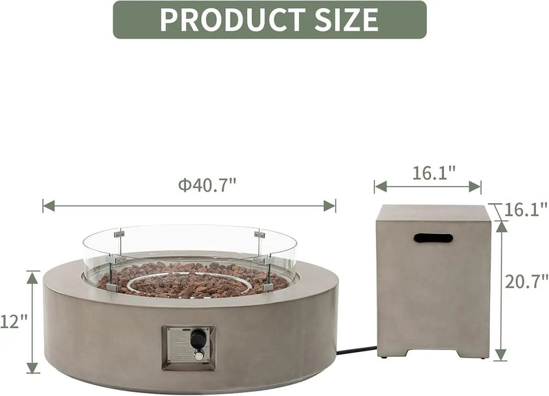 COSIEST 2-Piece Outdoor Propane Firepit Table Set w Tank Table, CSA Certified 42" Fire Table CSA Certified, 50,000 BTU w Gray Round Base,Wind Guard and 16 inches Tank Side Table 20lb for Garden,Pool by GreenHaven Gardens