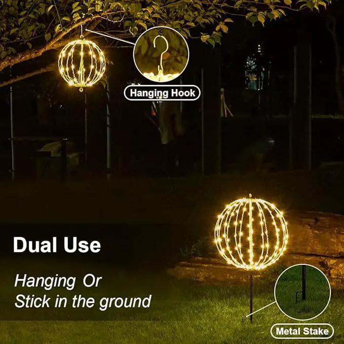 20IN Foldable Metal Frame Light Sphere - 200LED Hanging Tree and Pathway Light with Hook and Stake, UL Listed, White Frame, Warm White by GreenHaven Gardens