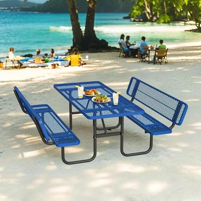 79'' Steel Rectangular Picnic Table for Outdoors, with backrest, Expanded, Lifetime Picnic Table with Umbrella Hole, Heavy Duty Sturdy Commercial Picnic Tables for Garden Courtyard BBQ, Blue by GreenHaven Gardens
