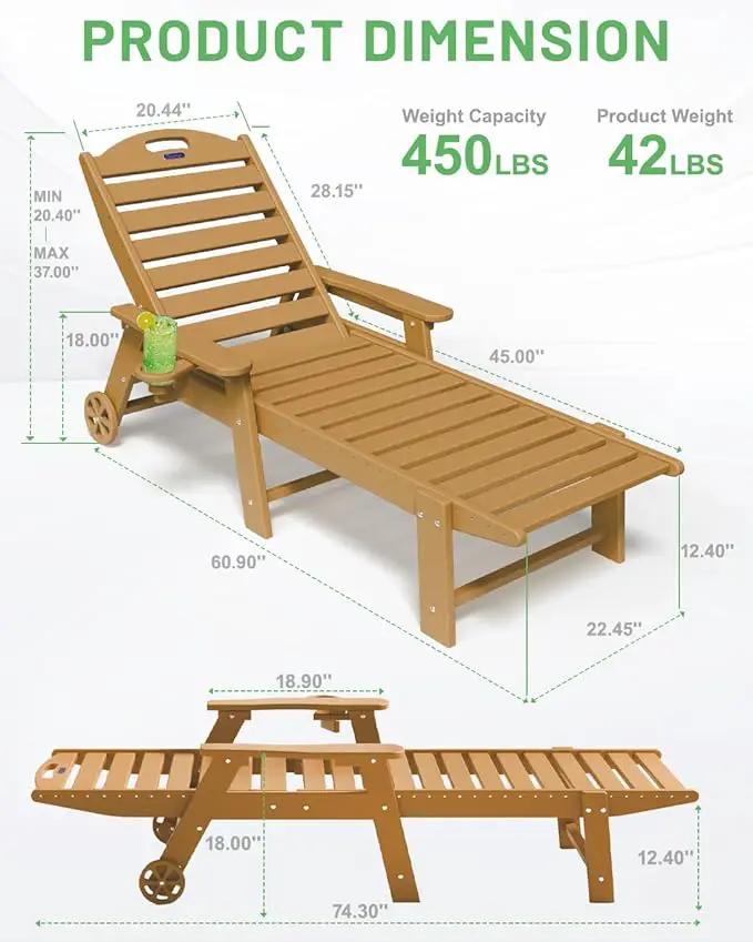 Lounge Chair Outdoor Set of 4 with Wheels, Adjustable 6-Position Chaise Lounge Outdoor, Patio Lounge Chair for Poolside Backyard, Teak by GreenHaven Gardens