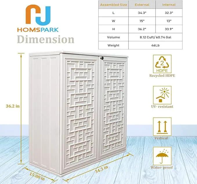 HOMSPARK Indoor/Outdoor Storage Cabinet with Doors and Shelf, 34”x16”x36” HDPE Plastic Storage Box for Patio, Bedroom, Bathroom, Living Room, Balcony, Multi-Purpose for Daily Tools, White by GreenHaven Gardens