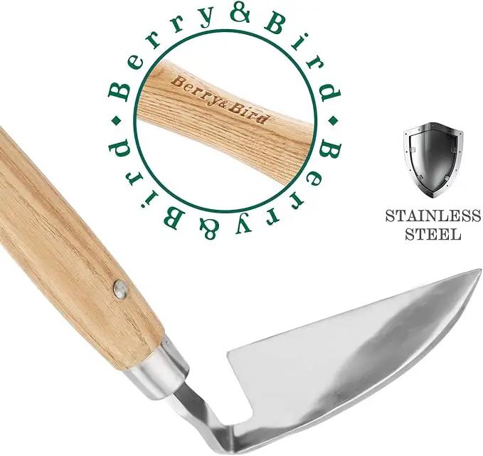 Berry&Bird Japanese Weeder-Scraper-Hoe, 12.67-Inch Gardening Sickle Hoe, Stainless Steel Bent Angle Weeding Sickle, Weeder Hoe with Ergonomic Ash Wood Handle for Weeding, Soil loosening, Digging by GreenHaven Gardens