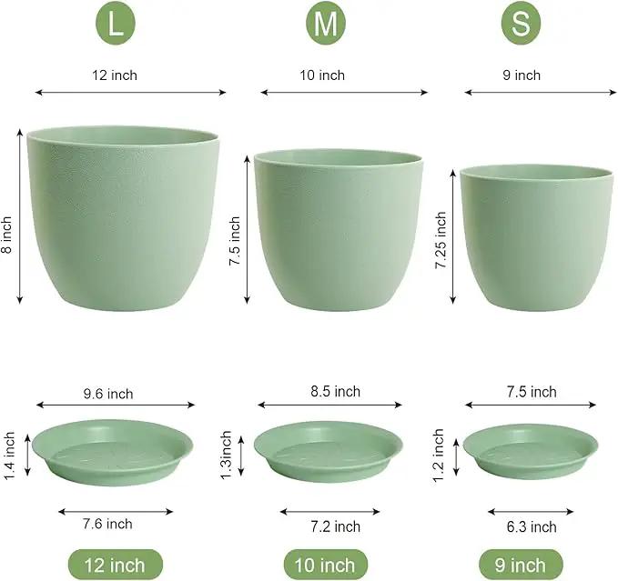 Large Plant Pots 12/10/9 inch, Set of 3 Modern Decorative Plastic Planters with Drainage Holes and Saucers, Flower Pots for Indoor Outdoor Plants, Green by GreenHaven Gardens