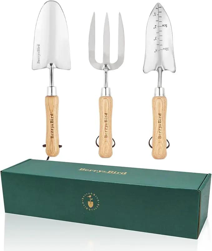 Berry&Bird Garden Tool Set- 3PCS Stainless Steel Gardening Tool Sets with Wooden Handle Trowel Weeding Fork & Digging Shovel Hand Tool Kit for Planting, Ideal Gardening Gift for Women & Men by GreenHaven Gardens