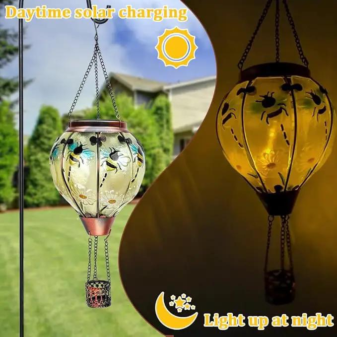 2PCS Solar Hot Air Balloon Lanterns with Flame with Shepherd's Hooks, Glass Hanging Flickering Lights Outdoor Waterproof for Garden Tree Yard Patio Mother's Day Gift, 18" H Bee by GreenHaven Gardens