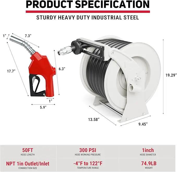 Diesel Fuel Hose Reel 1" x 50FT 300PSI Retractable Fuel Hose Reel Heavy-Duty Steel Ratchet Spring Driven Professional Diesel Hose Reel Auto Swivel Rewind with Fuel Nozzle for Vehicle Tank Truck Ship by GreenHaven Gardens