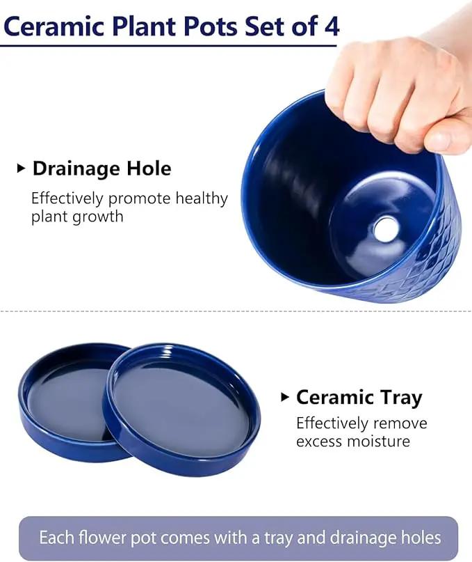 EFISPSS Ceramic Plant Pots, 5Inch Pots for Indoor Plants, Planters with Drainage Holes and Ceramic Tray,Plant Lover Gift, Desktop Office Windowsill Decoration Gift Set of 4 - Blue by GreenHaven Gardens