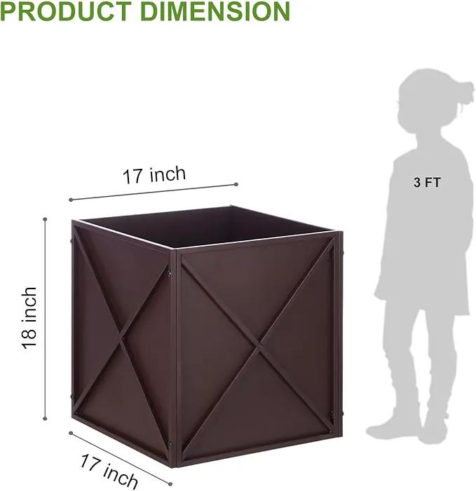Metal Square Planter Box Tall Planters for Outdoor Plants Modern Heavy Duty with Drainage Holes for Outside Indoor Patio Deck - Brown, 17”x 17”x 18” by GreenHaven Gardens