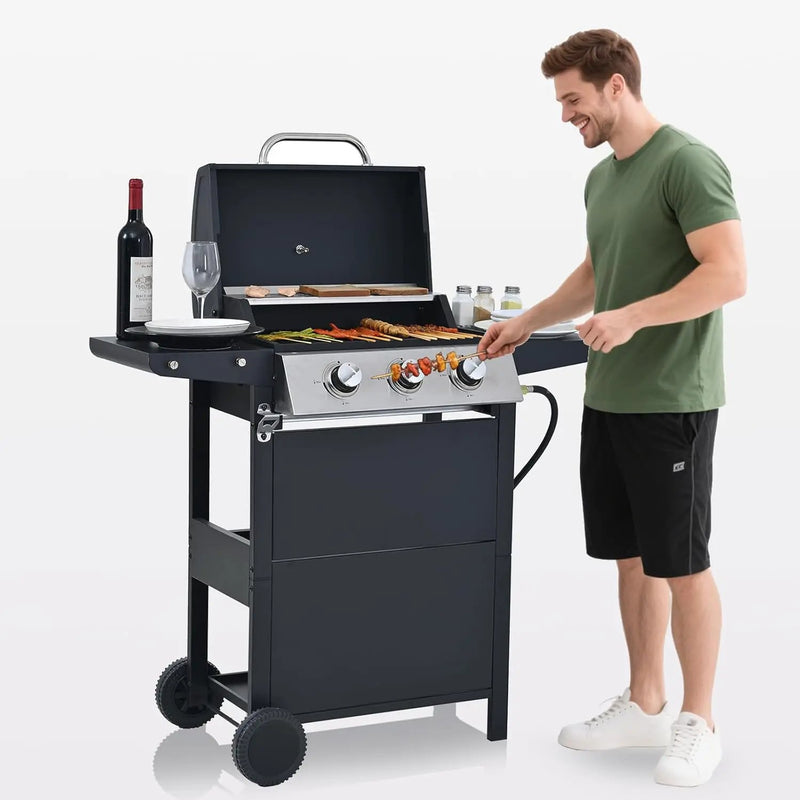 3-Burner Propane Gas BBQ Grill, Porcelain-Enameled Cast Iron Grates and 2 Foldable Side Tables, 25,650 BTU Stainless Steel Grill for Outdoor Camping Barbecue Grilling Backyard Cooking by GreenHaven Gardens