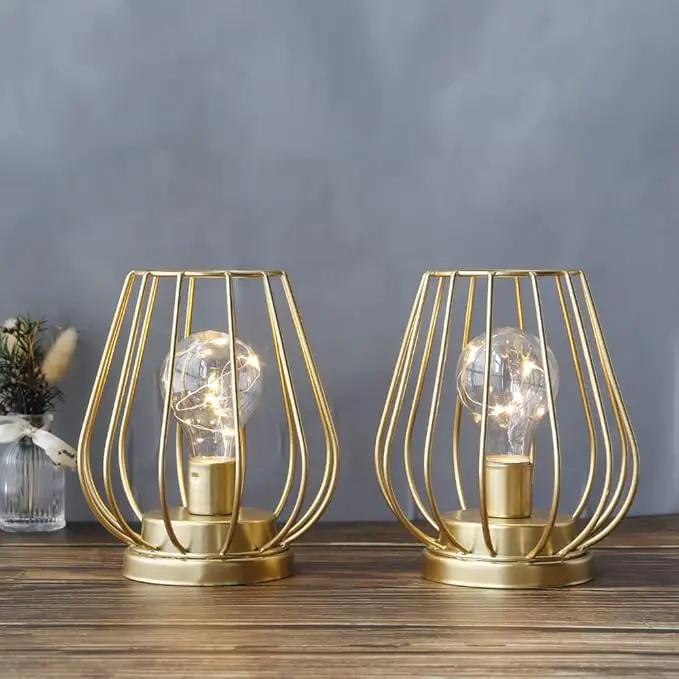 TRIROCKS Set of 2 Metal Battery Operated Lamp 7'' Tall Cage Shape Cordless Table Lamp Battery Lanterns with Warm Fairy Lights Bulb for Patio Garden Wedding Parties Indoor Outdoor(Gold) by GreenHaven Gardens