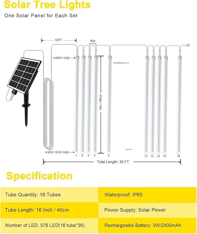 Meteor Shower Rain Lights Solar Christmas Lights Outdoor Falling Rain Drop Lights Snowfall Icicle Cascading String Lights 16 Tubes 16 Inch 576LED for Xmas Tree Wedding Party Holiday Patio Garden Decor by GreenHaven Gardens