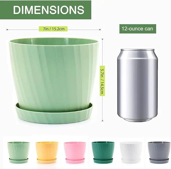 7 Inch Plant Pots Bulk, 6 Pack Plastic Planters with Drainage Holes and Saucers for Indoor Outdoor House Plants and Flowers, Colorful by GreenHaven Gardens