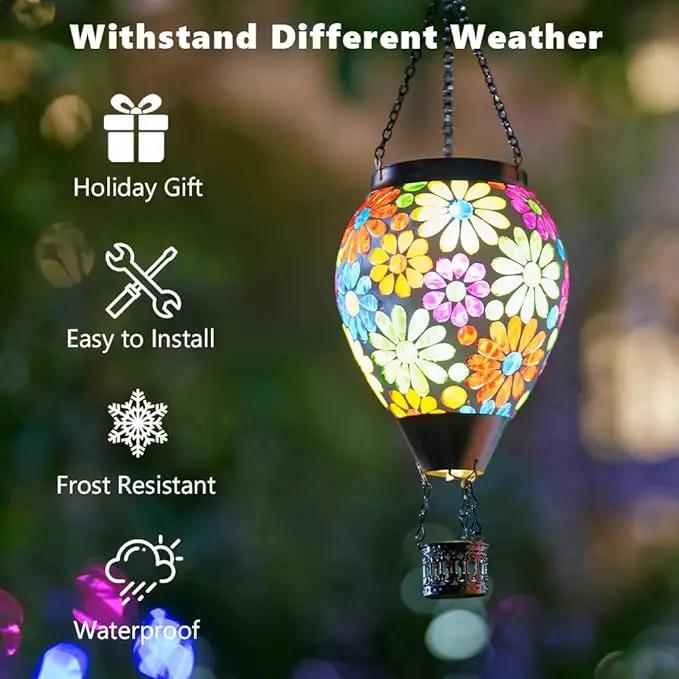Starsoul Mosaic Flowers Hot Air Balloon Solar Lantern Glass Outdoor Hanging Hot Air Balloon Solar Flickering Flame Light Waterproof Garden Patio Yard Party Decorations by GreenHaven Gardens