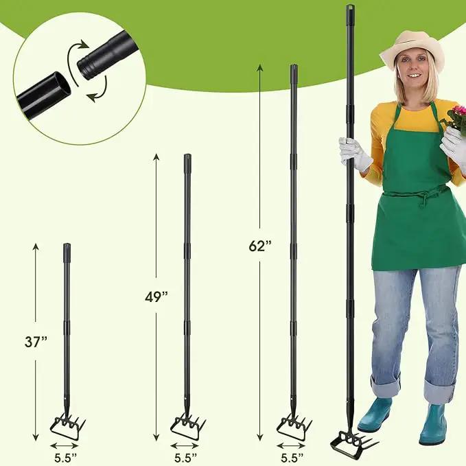 Weed Puller Gardening Tools, Hula Garden Hoe and 4 Tines Rake 2-in-1 Garden Tools for Weeding, Action Stirrup Hoe with 37"-62" Adjustable Long Handle for Lawn,Vegetable Garden Loose Soil and Weeding by GreenHaven Gardens