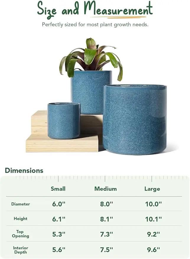 LE TAUCI Ceramic Plant Pots Indoor, 10+8+6 Inch Planters for Indoor Plants, Mid-Century Modern Flower Pots with Drainage Hole and Plug, Cylinder Round Planters, Set of 3, Reactive Glaze Blue by GreenHaven Gardens