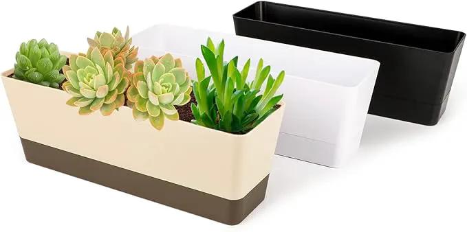 GREANER Window Boxes, 3 Pack 12x3.8 Inch Mixed Color Rectangle Herb Planters with Tray, Indoor Succulent Cactus Plastic Saucer Pot for Windowsill, Balcony, Office, Outdoor Garden (Black, White, Beige) by GreenHaven Gardens