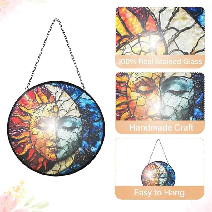 Sun and Moon Decor Suncatcher Stained Glass Window Hanging - Wall Art Stained Glass Suncatchers for Windows Hanging - Home Sun Catchers Indoor Window with Chain - Celestial Decor Gifts for Women Mom by GreenHaven Gardens